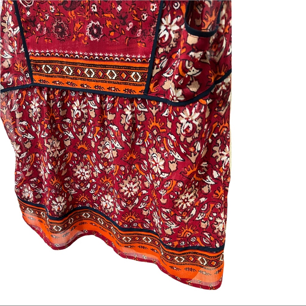 LUCKY BRAND BOHO FLORAL V-NECK RED ORANGE SLEEVELESS SHEER BLOUSE SIZE SMALL - Picture 10 of 16